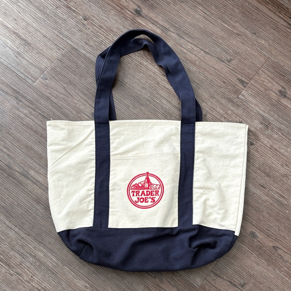 Trader Joe's Cream and Navy Canvas Tote Bag